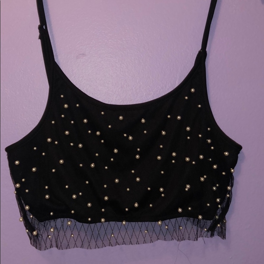 BLACK MESG CROP TOP WITH PEARL ACENTS